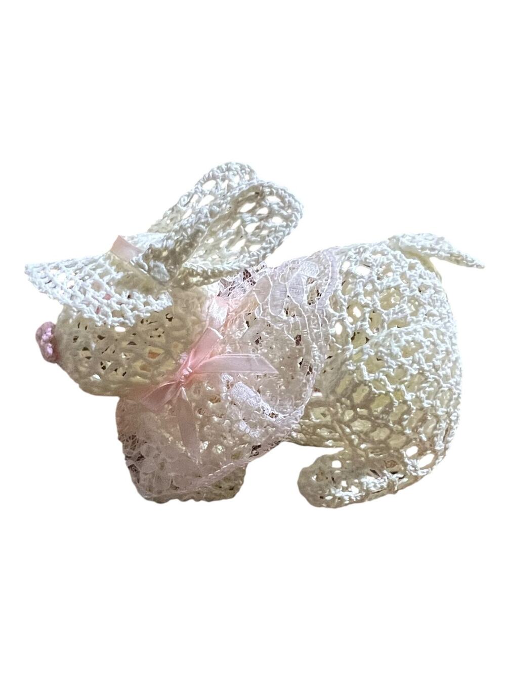 Vintage Style Decorative White Mesh Lace Bunny Rabbit Figurine Pink Ribbon Bow